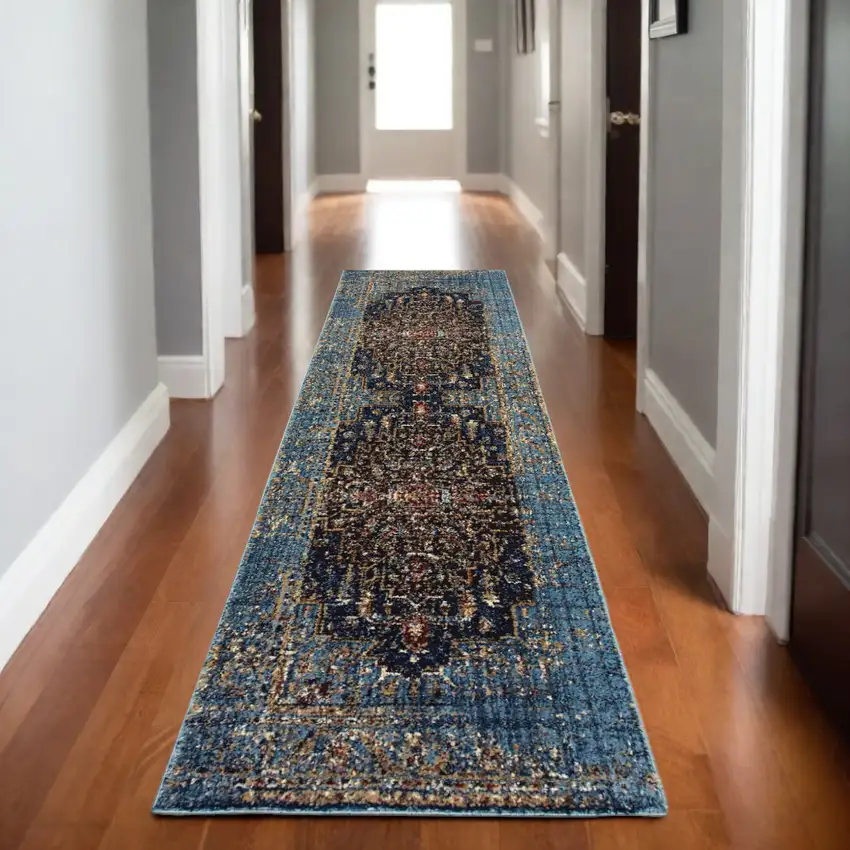 8' Blue Medallion Runner Rug Photo 1