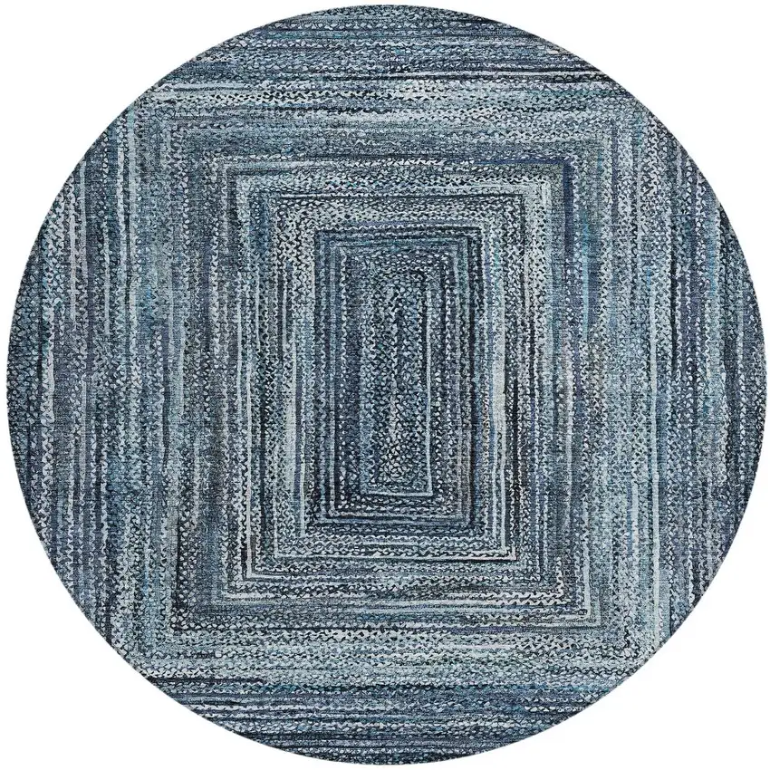 8' Blue Navy Blue And Ivory Round Geometric Washable Indoor Outdoor Area Rug Photo 3