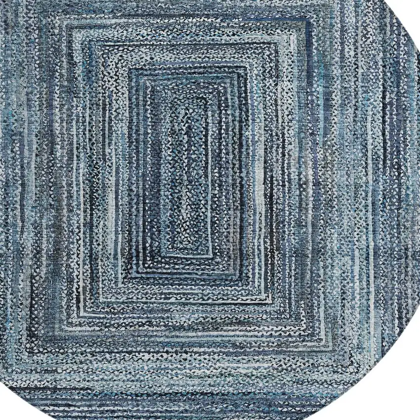 8' Blue Navy Blue And Ivory Round Geometric Washable Indoor Outdoor Area Rug Photo 7