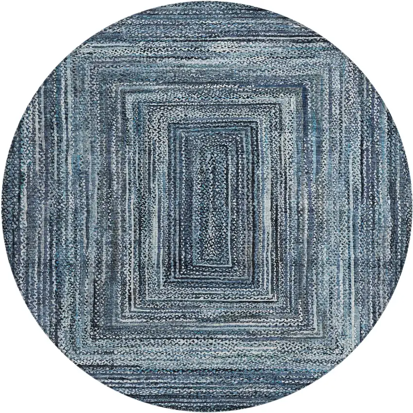 8' Blue Navy Blue And Ivory Round Geometric Washable Indoor Outdoor Area Rug Photo 1