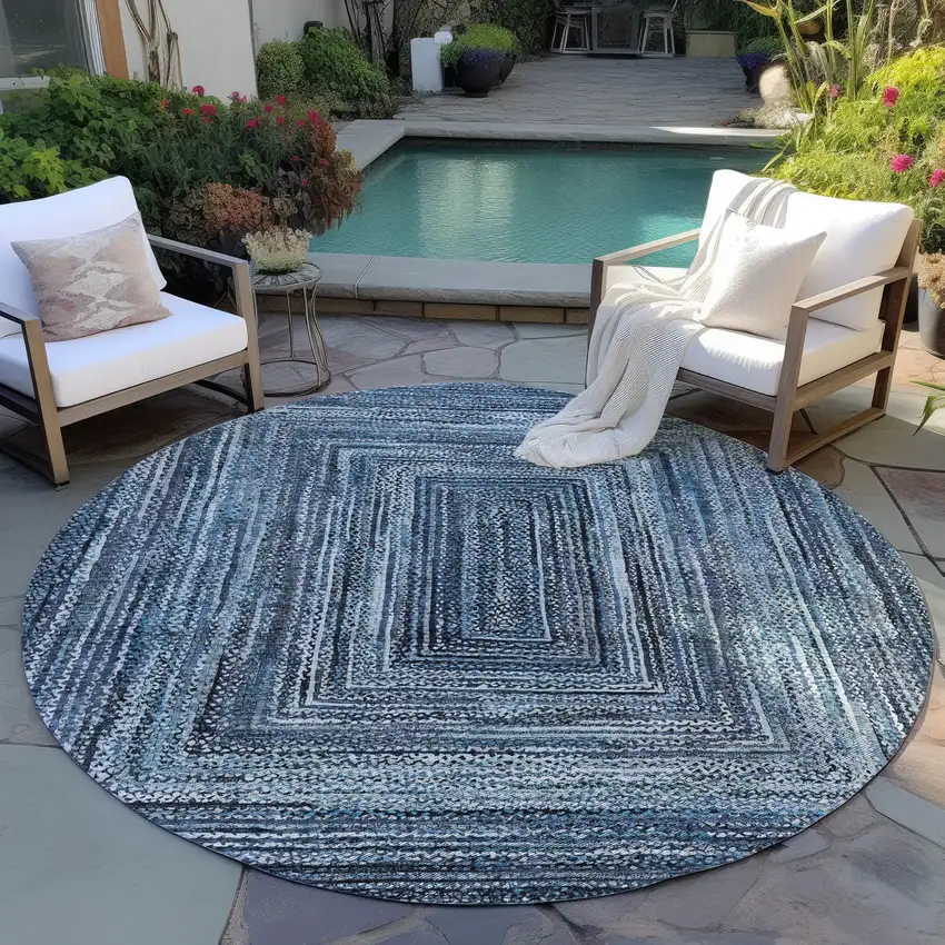 8' Blue Navy Blue And Ivory Round Geometric Washable Indoor Outdoor Area Rug Photo 5