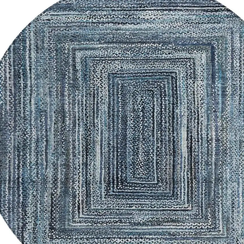 8' Blue Navy Blue And Ivory Round Geometric Washable Indoor Outdoor Area Rug Photo 4