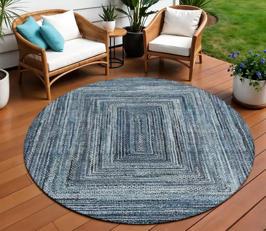 8' Blue Navy Blue And Ivory Round Geometric Washable Indoor Outdoor Area Rug Photo 2