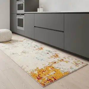 Photo of 8' Blue Off White And Orange Abstract Runner Rug