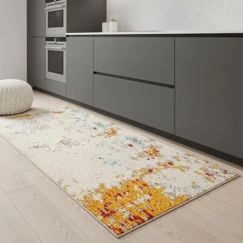 8' Blue Off White And Orange Abstract Runner Rug Photo 1