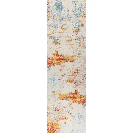 8' Blue Off White And Orange Abstract Runner Rug Photo 7