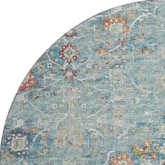 8' Blue Orange And Gold Floral Medallion Washable Round Rug With UV Protection Photo 4