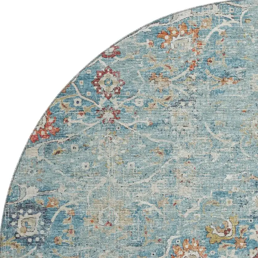 8' Blue Orange And Gold Floral Medallion Washable Round Rug With UV Protection Photo 4