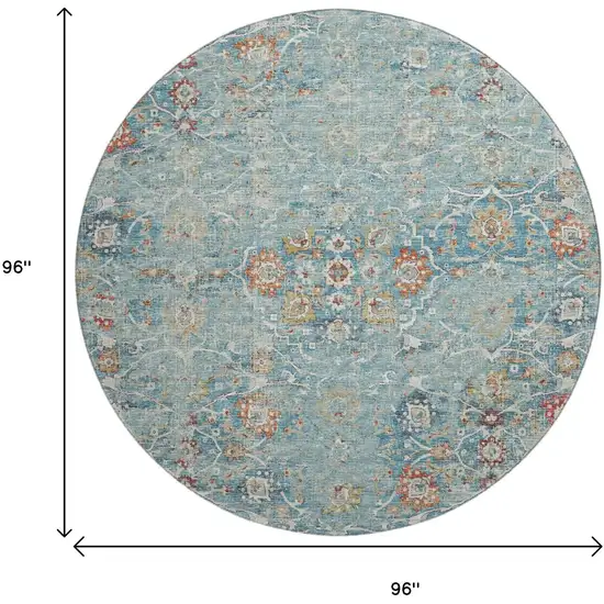 8' Blue Orange And Gold Floral Medallion Washable Round Rug With UV Protection Photo 3