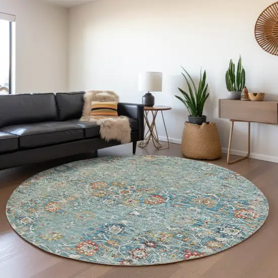 8' Blue Orange And Gold Floral Medallion Washable Round Rug With UV Protection Photo 6