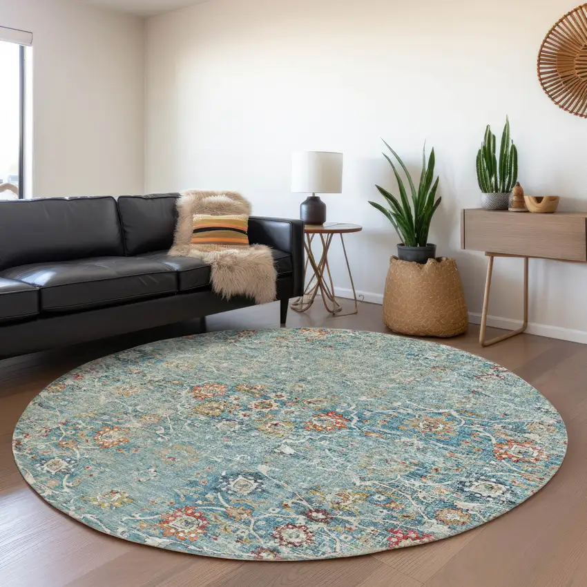 8' Blue Orange And Gold Floral Medallion Washable Round Rug With UV Protection Photo 6