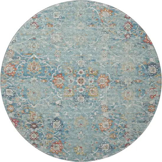 8' Blue Orange And Gold Floral Medallion Washable Round Rug With UV Protection Photo 5