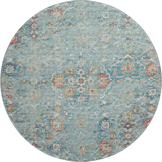 8' Blue Orange And Gold Floral Medallion Washable Round Rug With UV Protection Photo 2