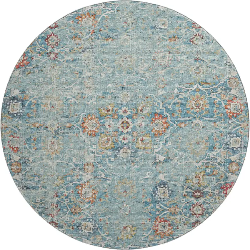 8' Blue Orange And Gold Floral Medallion Washable Round Rug With UV Protection Photo 2