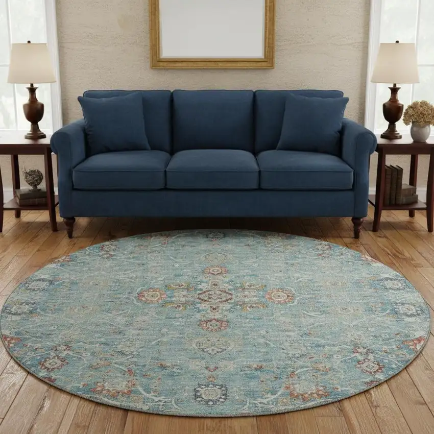 8' Blue Orange And Gold Floral Medallion Washable Round Rug With UV Protection Photo 1