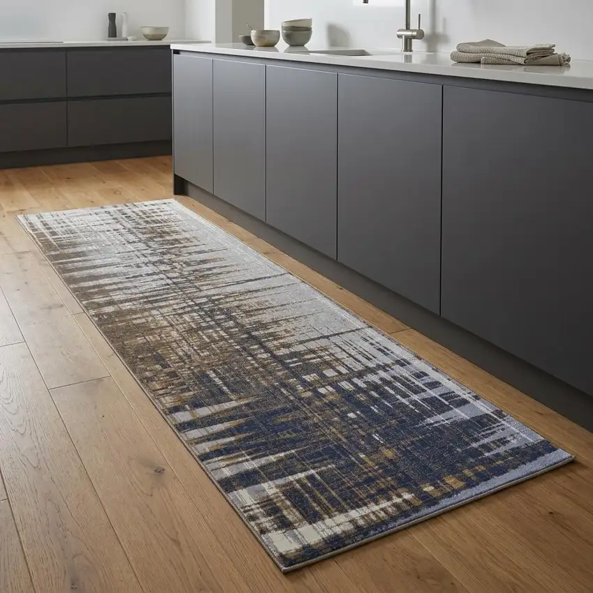 8' Blue Orange And Gray Abstract Power Loom Runner Rug Photo 1