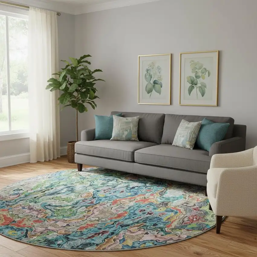 8' Blue Orange And Green Abstract Washable Round Rug With UV Protection Photo 1