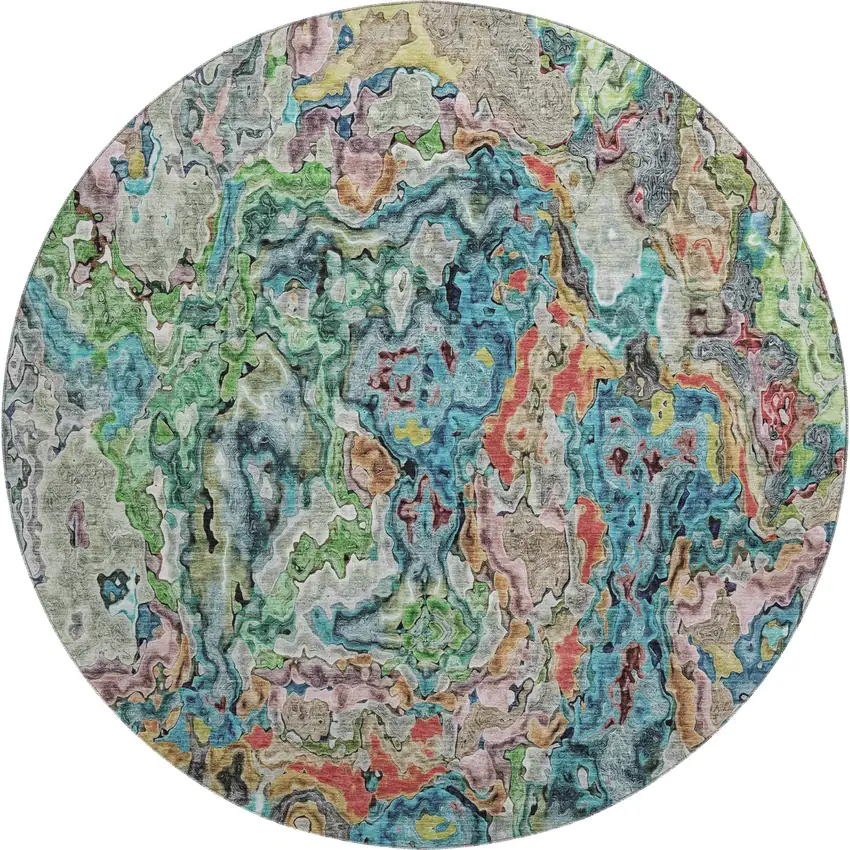 8' Blue Orange And Green Abstract Washable Round Rug With UV Protection Photo 1