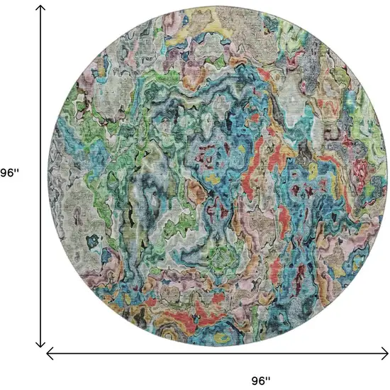 8' Blue Orange And Green Abstract Washable Round Rug With UV Protection Photo 3