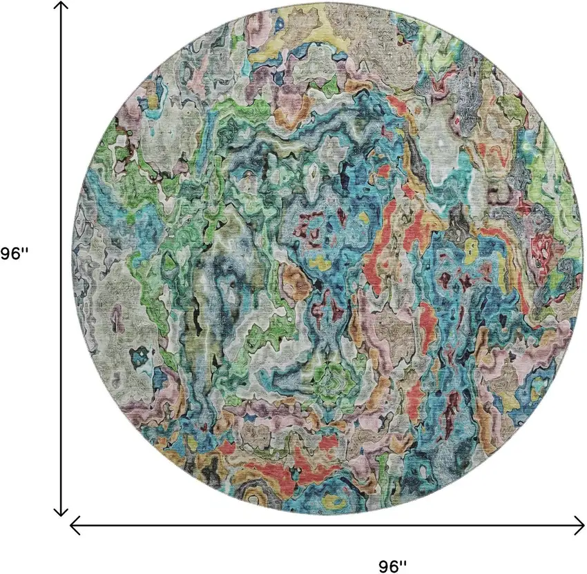 8' Blue Orange And Green Abstract Washable Round Rug With UV Protection Photo 3