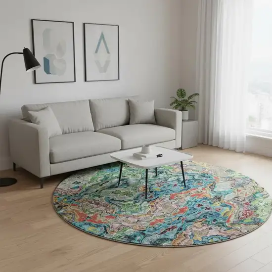 8' Blue Orange And Green Abstract Washable Round Rug With UV Protection Photo 2