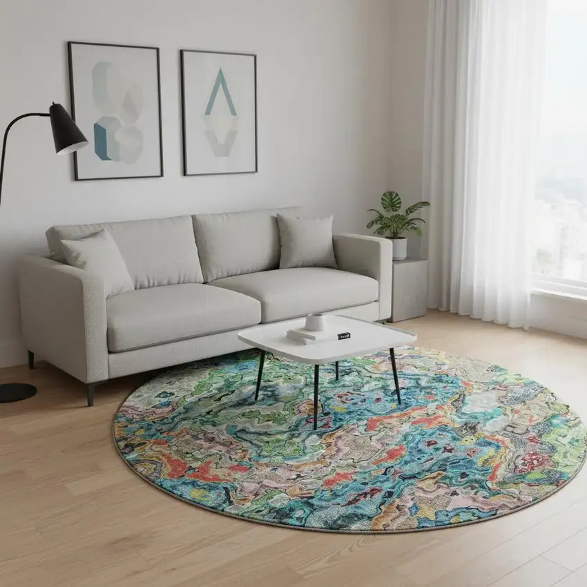 8' Blue Orange And Green Abstract Washable Round Rug With UV Protection Photo 2