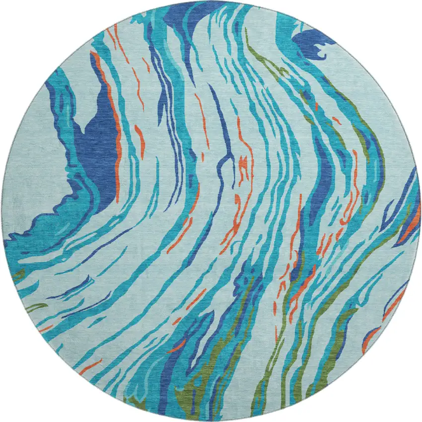 8' Blue Orange And Green Abstract Washable Round Rug With UV Protection Photo 1