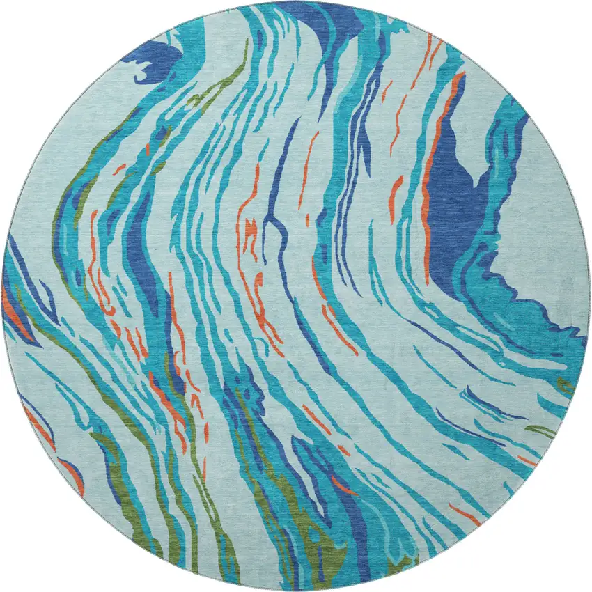 8' Blue Orange And Green Abstract Washable Round Rug With UV Protection Photo 3