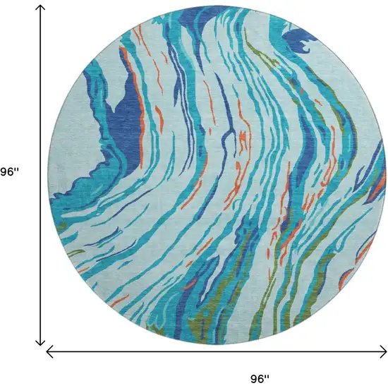 8' Blue Orange And Green Abstract Washable Round Rug With UV Protection Photo 9