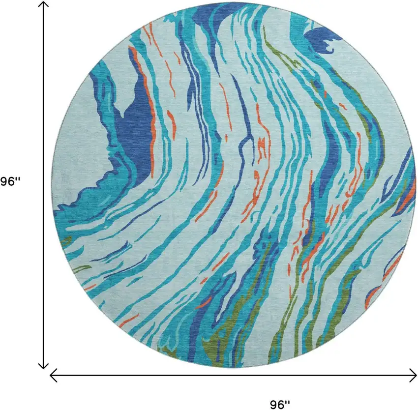 8' Blue Orange And Green Abstract Washable Round Rug With UV Protection Photo 9