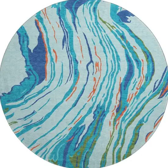 8' Blue Orange And Green Abstract Washable Round Rug With UV Protection Photo 2