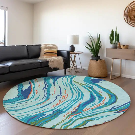 8' Blue Orange And Green Abstract Washable Round Rug With UV Protection Photo 4