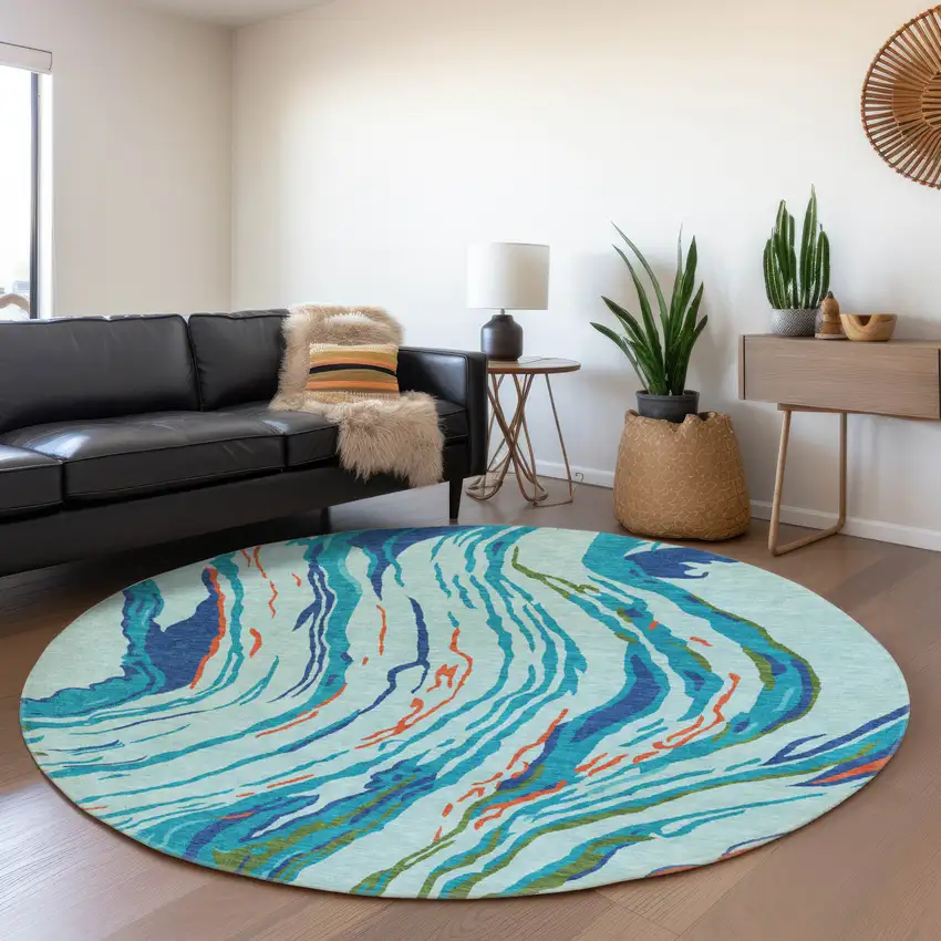8' Blue Orange And Green Abstract Washable Round Rug With UV Protection Photo 4