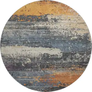 Photo of 8' Blue Orange And Ivory Abstract Washable Round Rug With UV Protection