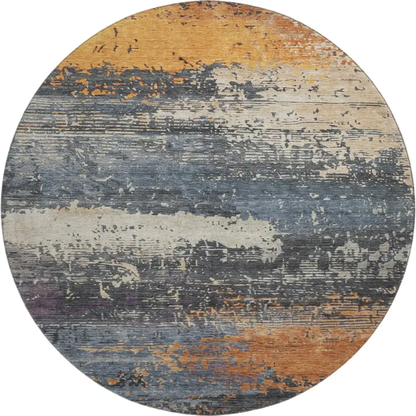 8' Blue Orange And Ivory Abstract Washable Round Rug With UV Protection Photo 1