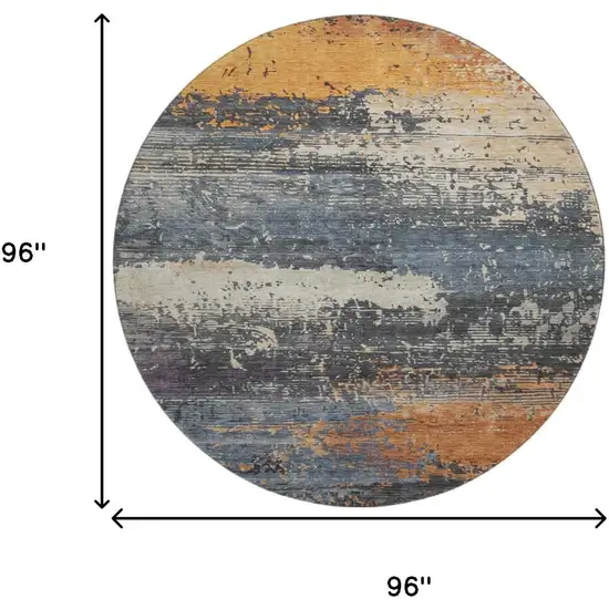 8' Blue Orange And Ivory Abstract Washable Round Rug With UV Protection Photo 9