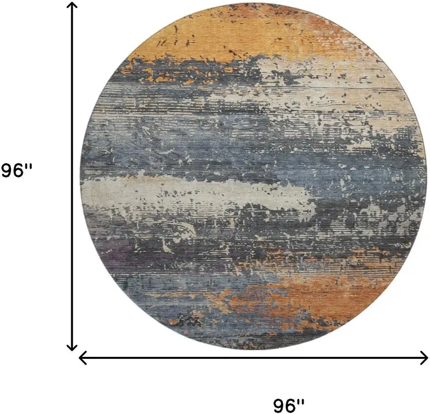 8' Blue Orange And Ivory Abstract Washable Round Rug With UV Protection Photo 9
