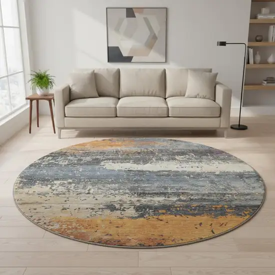 8' Blue Orange And Ivory Abstract Washable Round Rug With UV Protection Photo 2