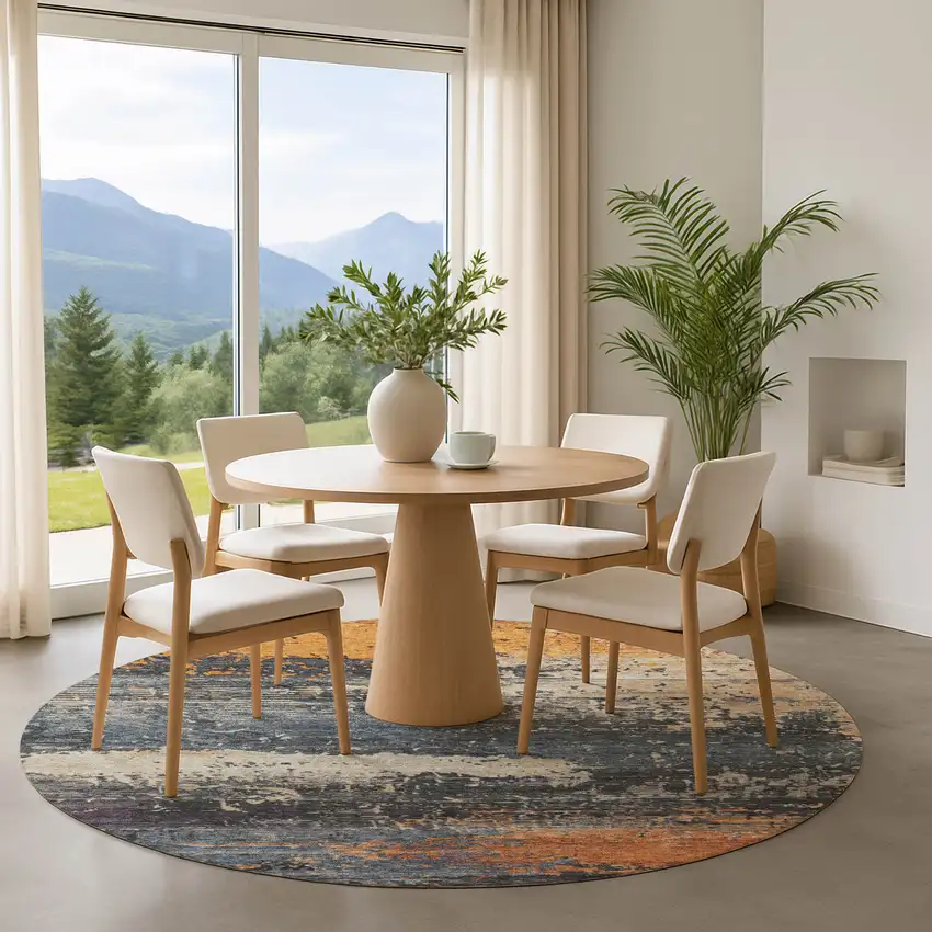 8' Blue Orange And Ivory Abstract Washable Round Rug With UV Protection Photo 4