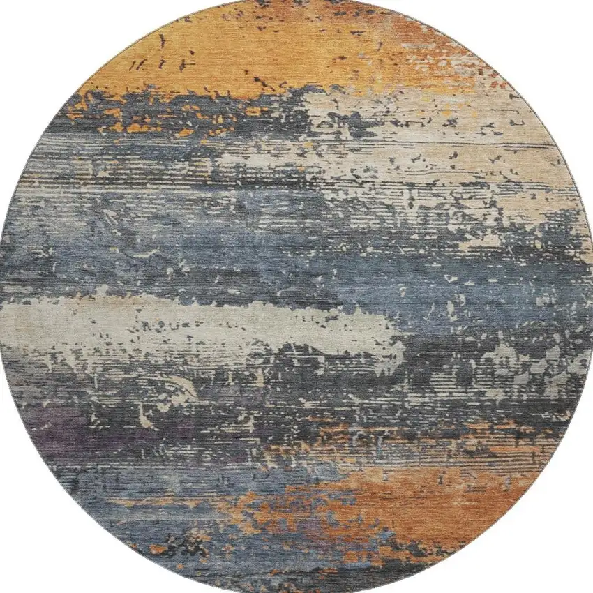 8' Blue Orange And Ivory Abstract Washable Round Rug With UV Protection Photo 3