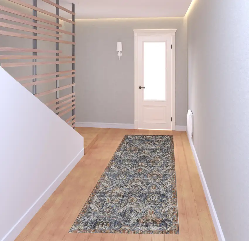 8' Blue Orange And Ivory Floral Power Loom Runner Rug With Fringe Photo 2