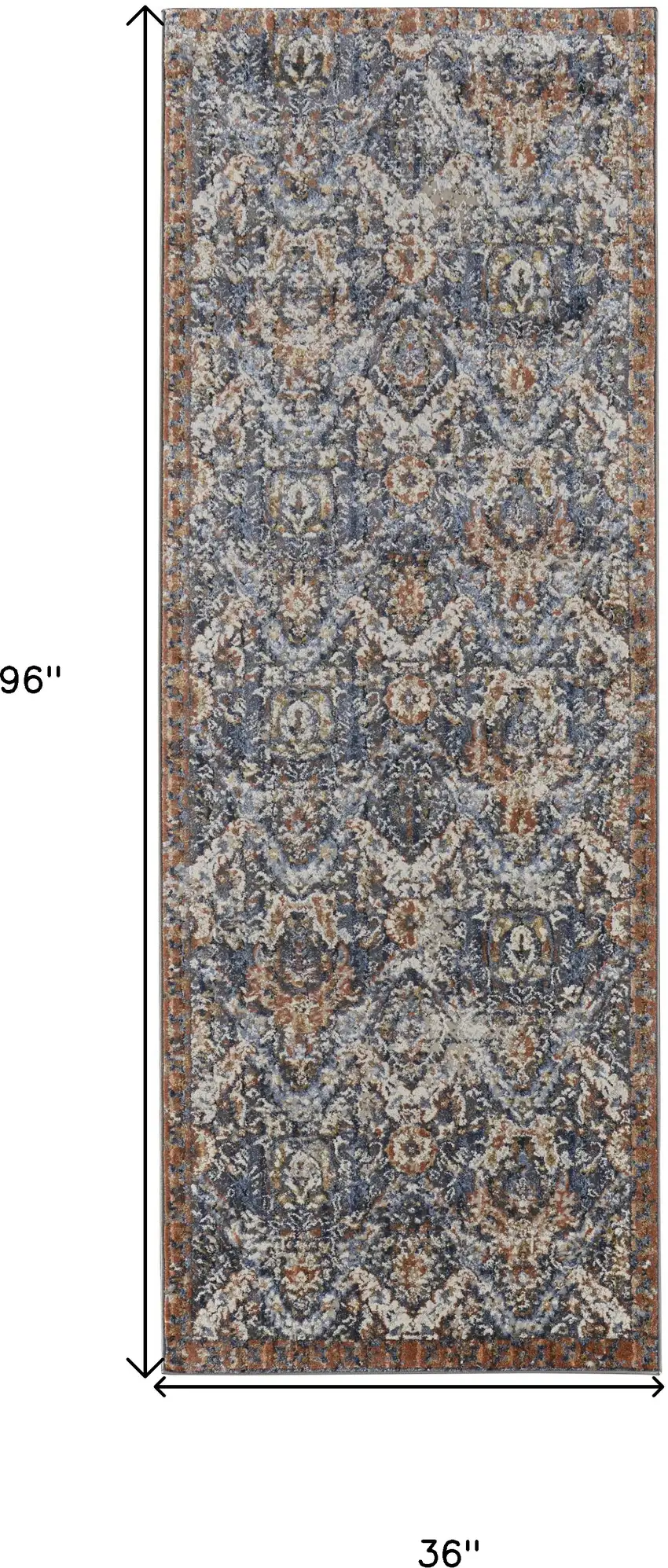 8' Blue Orange And Ivory Floral Power Loom Runner Rug With Fringe Photo 7
