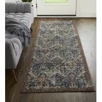 Photo of 8' Blue Orange And Ivory Floral Power Loom Runner Rug With Fringe