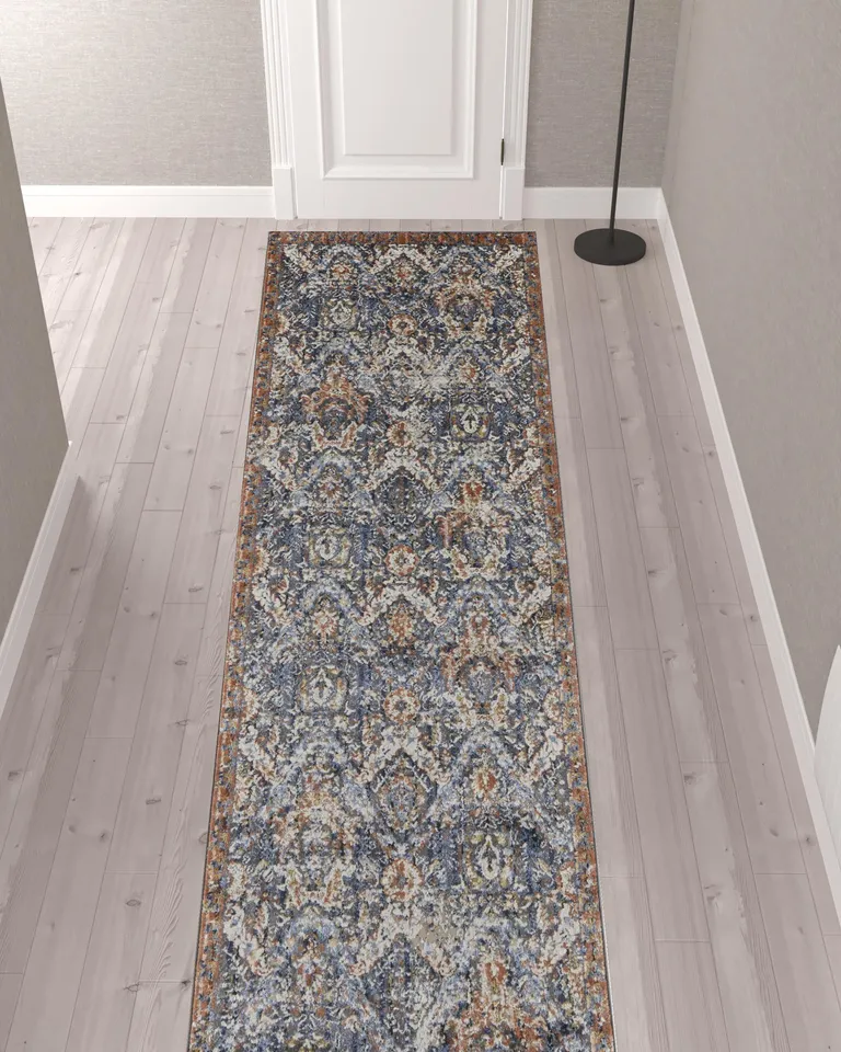 12' Blue Orange And Ivory Floral Power Loom Runner Rug With Fringe Photo 2