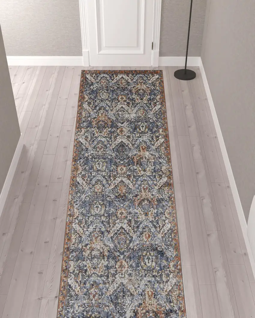 12' Blue Orange And Ivory Floral Power Loom Runner Rug With Fringe Photo 2