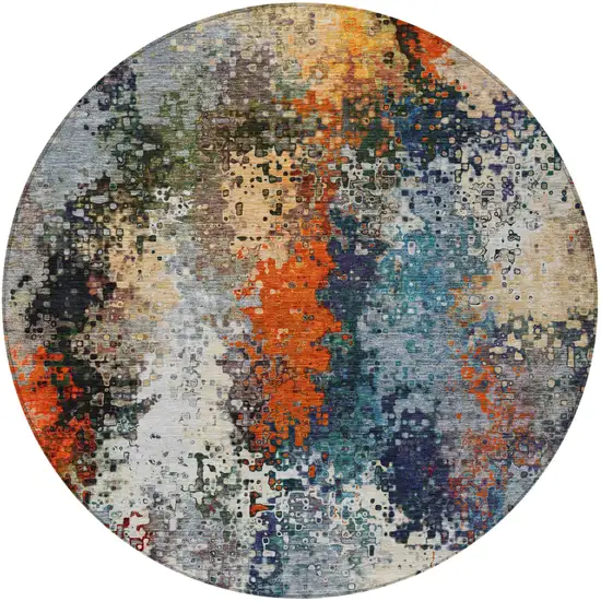 8' Blue Orange And Ivory Round Abstract Washable Indoor Outdoor Area Rug Photo 5