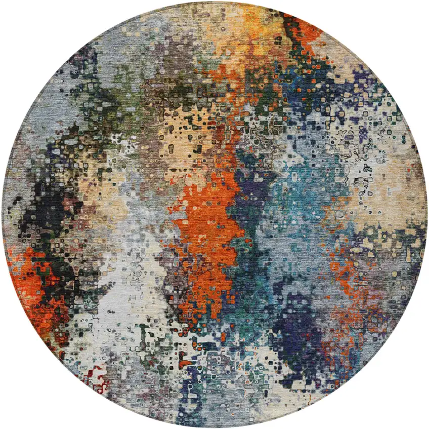 8' Blue Orange And Ivory Round Abstract Washable Indoor Outdoor Area Rug Photo 5