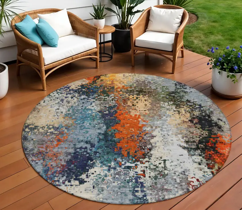 8' Blue Orange And Ivory Round Abstract Washable Indoor Outdoor Area Rug Photo 1