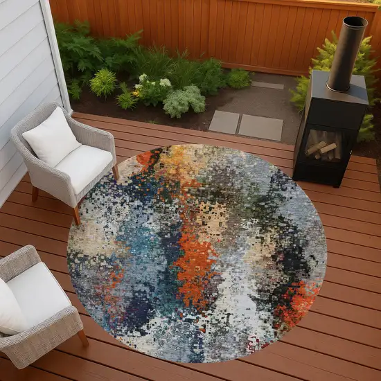 8' Blue Orange And Ivory Round Abstract Washable Indoor Outdoor Area Rug Photo 8