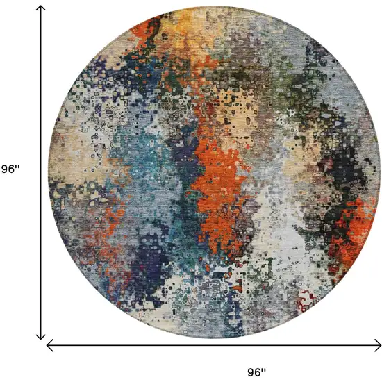 8' Blue Orange And Ivory Round Abstract Washable Indoor Outdoor Area Rug Photo 3